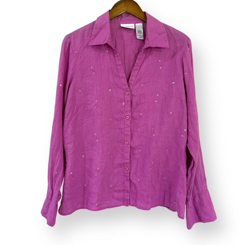 Liz Claiborne Linen Shirt Size 12 Pink Purple Embroidered Sequins Long Sleeve